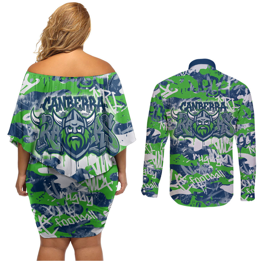 Canberra Raiders Rugby Couples Matching Off Shoulder Short Dress and Long Sleeve Button Shirt Graffiti Typography Urban Camo Abstract Street Style