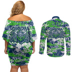 Canberra Raiders Rugby Couples Matching Off Shoulder Short Dress and Long Sleeve Button Shirt Graffiti Typography Urban Camo Abstract Street Style