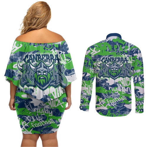 Canberra Raiders Rugby Couples Matching Off Shoulder Short Dress and Long Sleeve Button Shirt Graffiti Typography Urban Camo Abstract Street Style