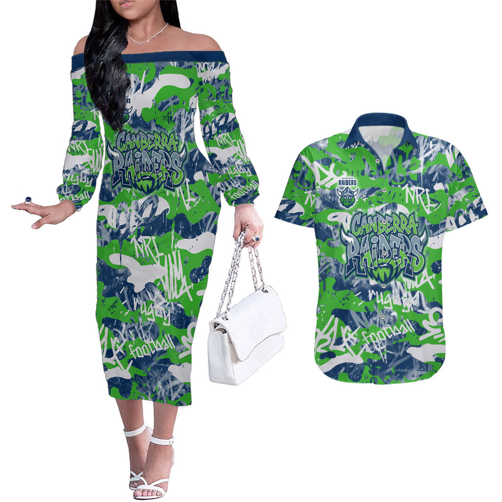 Canberra Raiders Rugby Couples Matching Off The Shoulder Long Sleeve Dress and Hawaiian Shirt Graffiti Typography Urban Camo Abstract Street Style