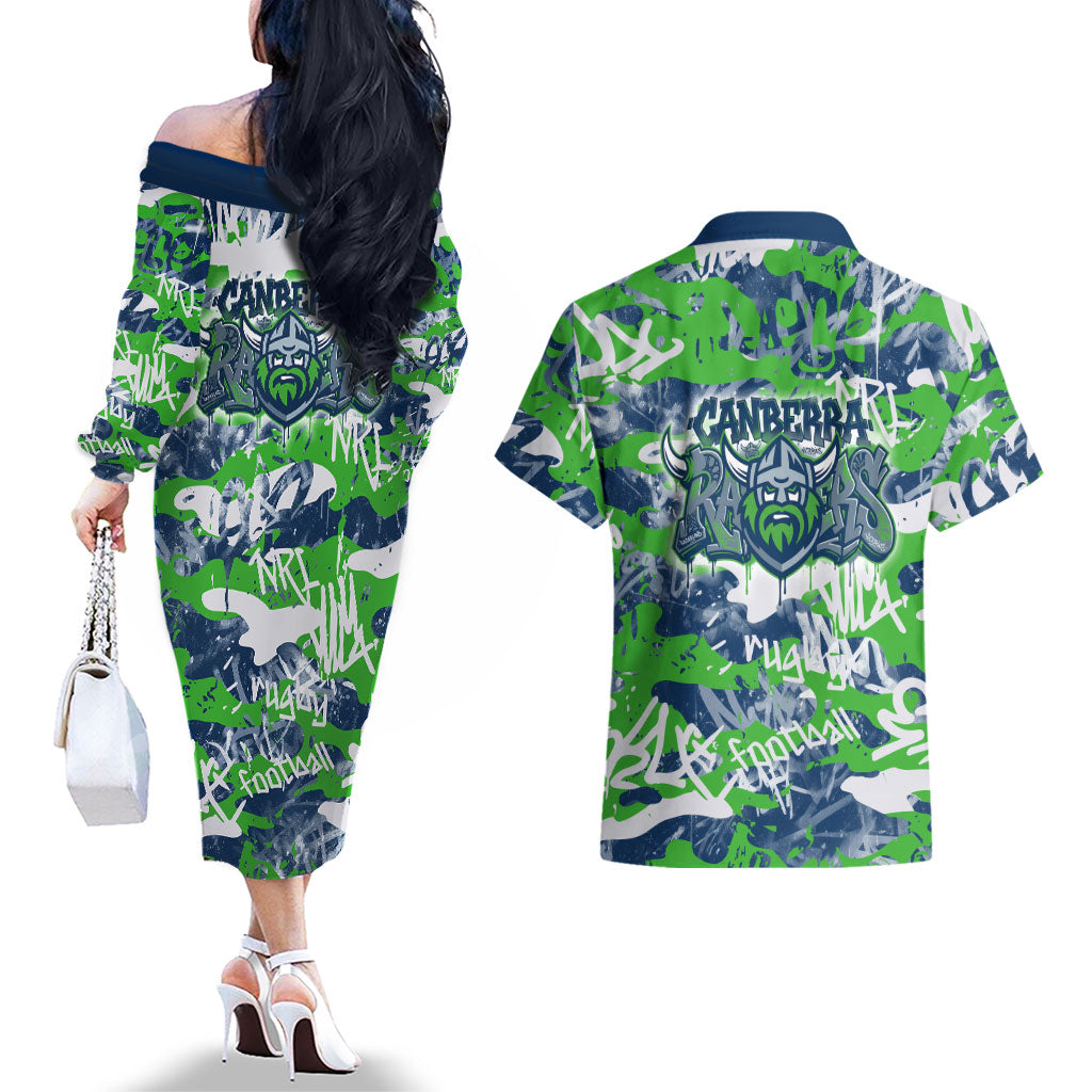 Canberra Raiders Rugby Couples Matching Off The Shoulder Long Sleeve Dress and Hawaiian Shirt Graffiti Typography Urban Camo Abstract Street Style