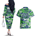 Canberra Raiders Rugby Couples Matching Off The Shoulder Long Sleeve Dress and Hawaiian Shirt Graffiti Typography Urban Camo Abstract Street Style