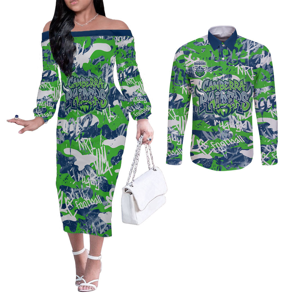 Canberra Raiders Rugby Couples Matching Off The Shoulder Long Sleeve Dress and Long Sleeve Button Shirt Graffiti Typography Urban Camo Abstract Street Style