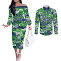 Canberra Raiders Rugby Couples Matching Off The Shoulder Long Sleeve Dress and Long Sleeve Button Shirt Graffiti Typography Urban Camo Abstract Street Style