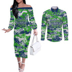 Canberra Raiders Rugby Couples Matching Off The Shoulder Long Sleeve Dress and Long Sleeve Button Shirt Graffiti Typography Urban Camo Abstract Street Style