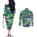 Canberra Raiders Rugby Couples Matching Off The Shoulder Long Sleeve Dress and Long Sleeve Button Shirt Graffiti Typography Urban Camo Abstract Street Style
