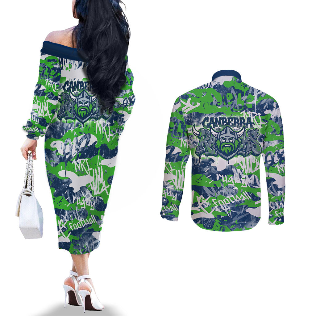 Canberra Raiders Rugby Couples Matching Off The Shoulder Long Sleeve Dress and Long Sleeve Button Shirt Graffiti Typography Urban Camo Abstract Street Style