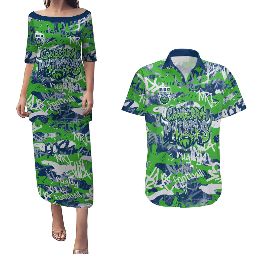 Canberra Raiders Rugby Couples Matching Puletasi and Hawaiian Shirt Graffiti Typography Urban Camo Abstract Street Style