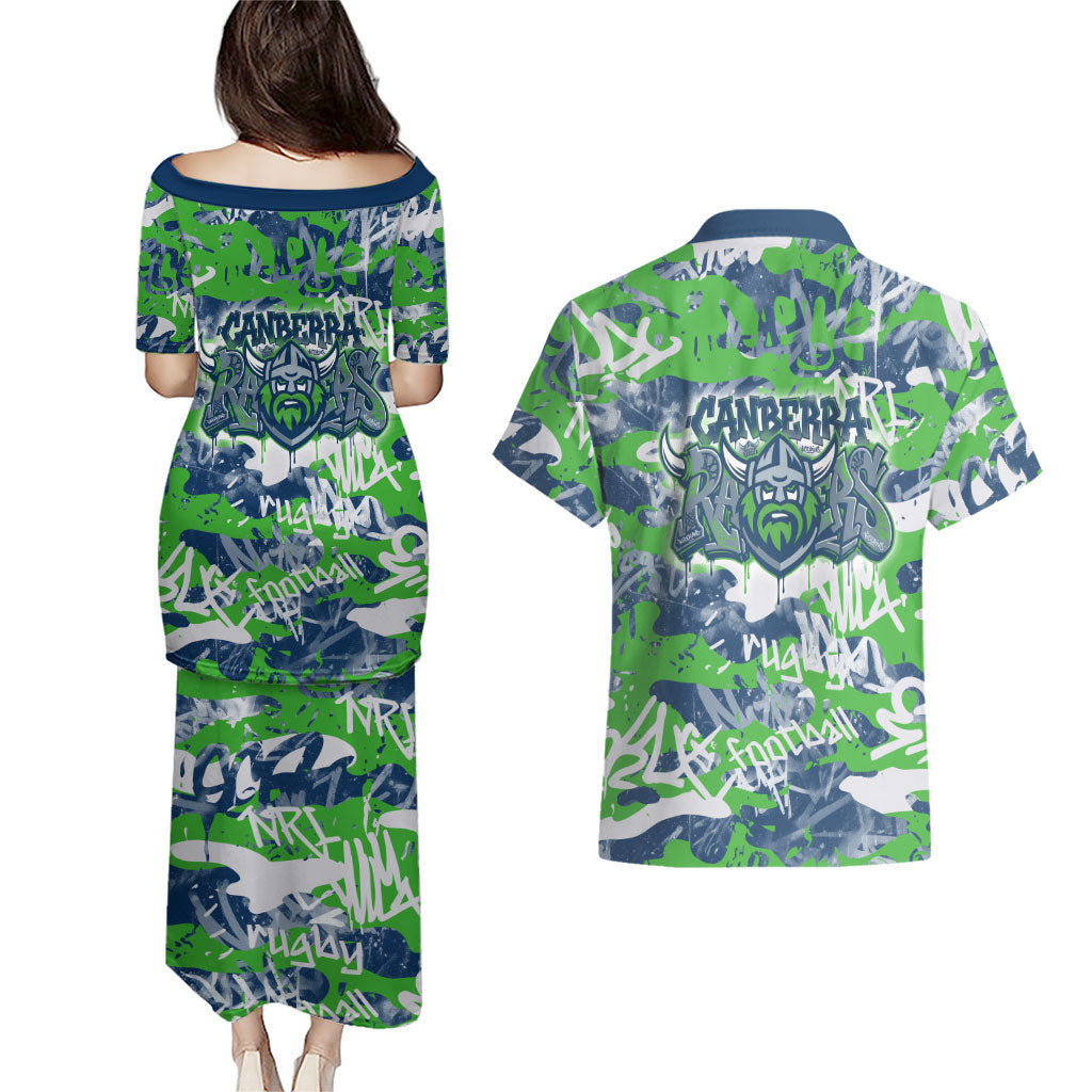 Canberra Raiders Rugby Couples Matching Puletasi and Hawaiian Shirt Graffiti Typography Urban Camo Abstract Street Style