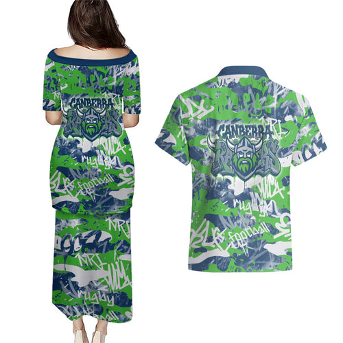 Canberra Raiders Rugby Couples Matching Puletasi and Hawaiian Shirt Graffiti Typography Urban Camo Abstract Street Style
