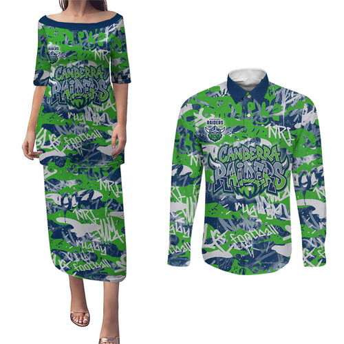 Canberra Raiders Rugby Couples Matching Puletasi and Long Sleeve Button Shirt Graffiti Typography Urban Camo Abstract Street Style