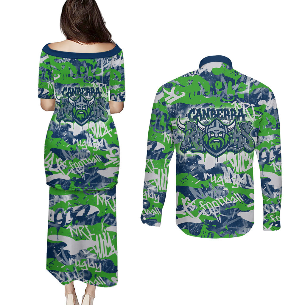 Canberra Raiders Rugby Couples Matching Puletasi and Long Sleeve Button Shirt Graffiti Typography Urban Camo Abstract Street Style