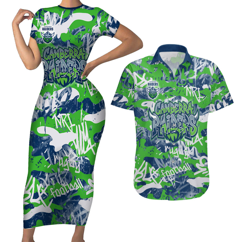 Canberra Raiders Rugby Couples Matching Short Sleeve Bodycon Dress and Hawaiian Shirt Graffiti Typography Urban Camo Abstract Street Style