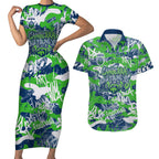 Canberra Raiders Rugby Couples Matching Short Sleeve Bodycon Dress and Hawaiian Shirt Graffiti Typography Urban Camo Abstract Street Style