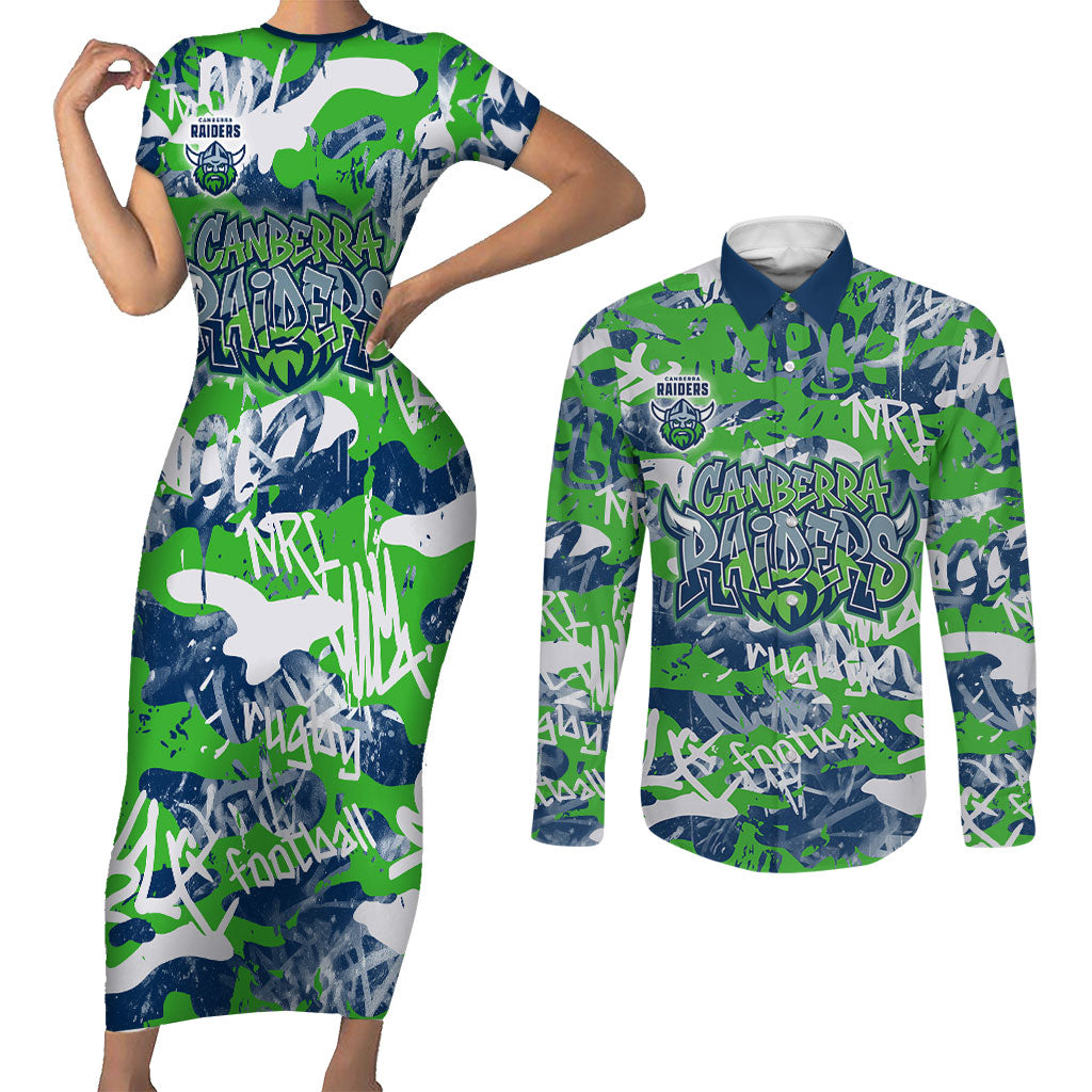Canberra Raiders Rugby Couples Matching Short Sleeve Bodycon Dress and Long Sleeve Button Shirt Graffiti Typography Urban Camo Abstract Street Style