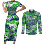 Canberra Raiders Rugby Couples Matching Short Sleeve Bodycon Dress and Long Sleeve Button Shirt Graffiti Typography Urban Camo Abstract Street Style
