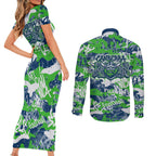 Canberra Raiders Rugby Couples Matching Short Sleeve Bodycon Dress and Long Sleeve Button Shirt Graffiti Typography Urban Camo Abstract Street Style