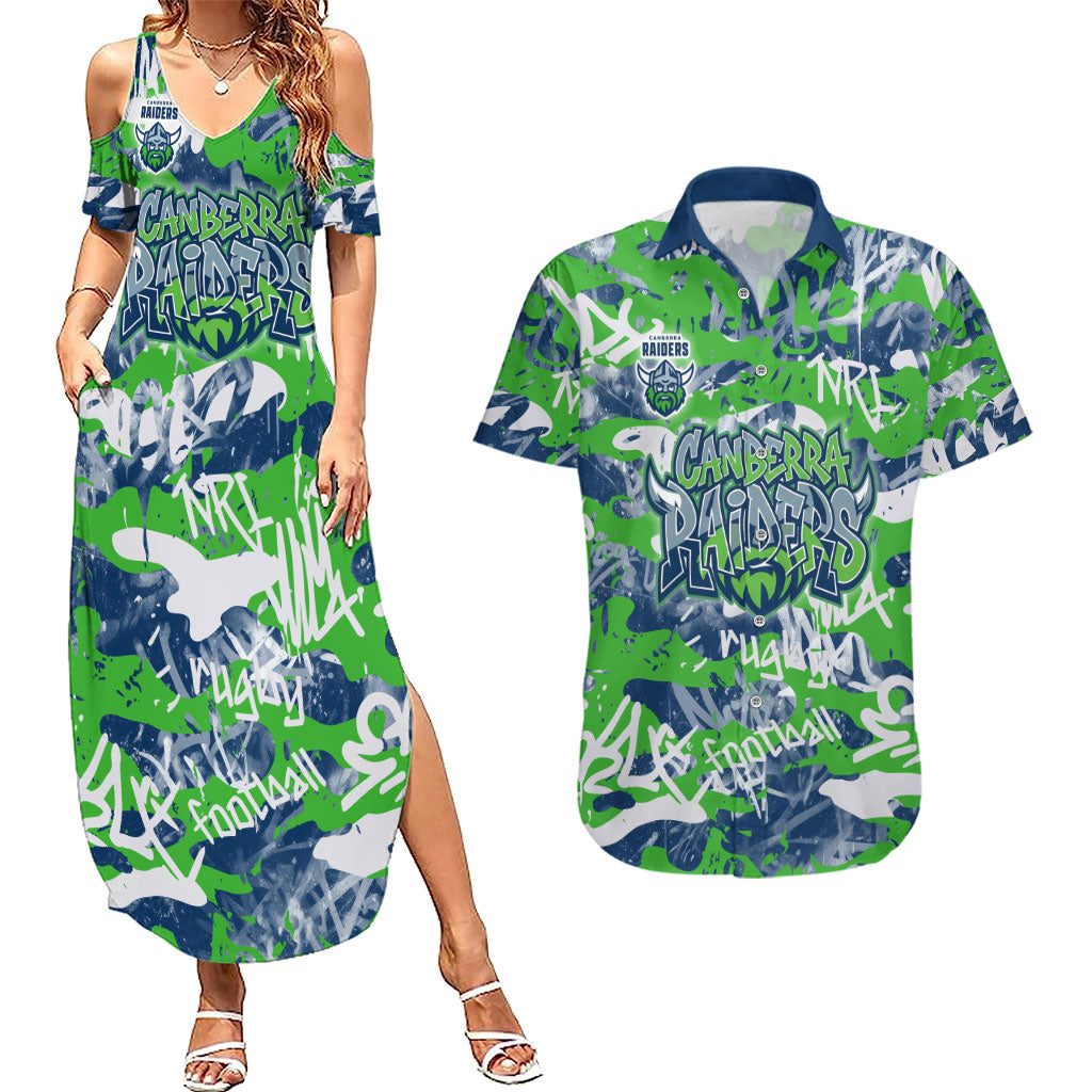 Canberra Raiders Rugby Couples Matching Summer Maxi Dress and Hawaiian Shirt Graffiti Typography Urban Camo Abstract Street Style