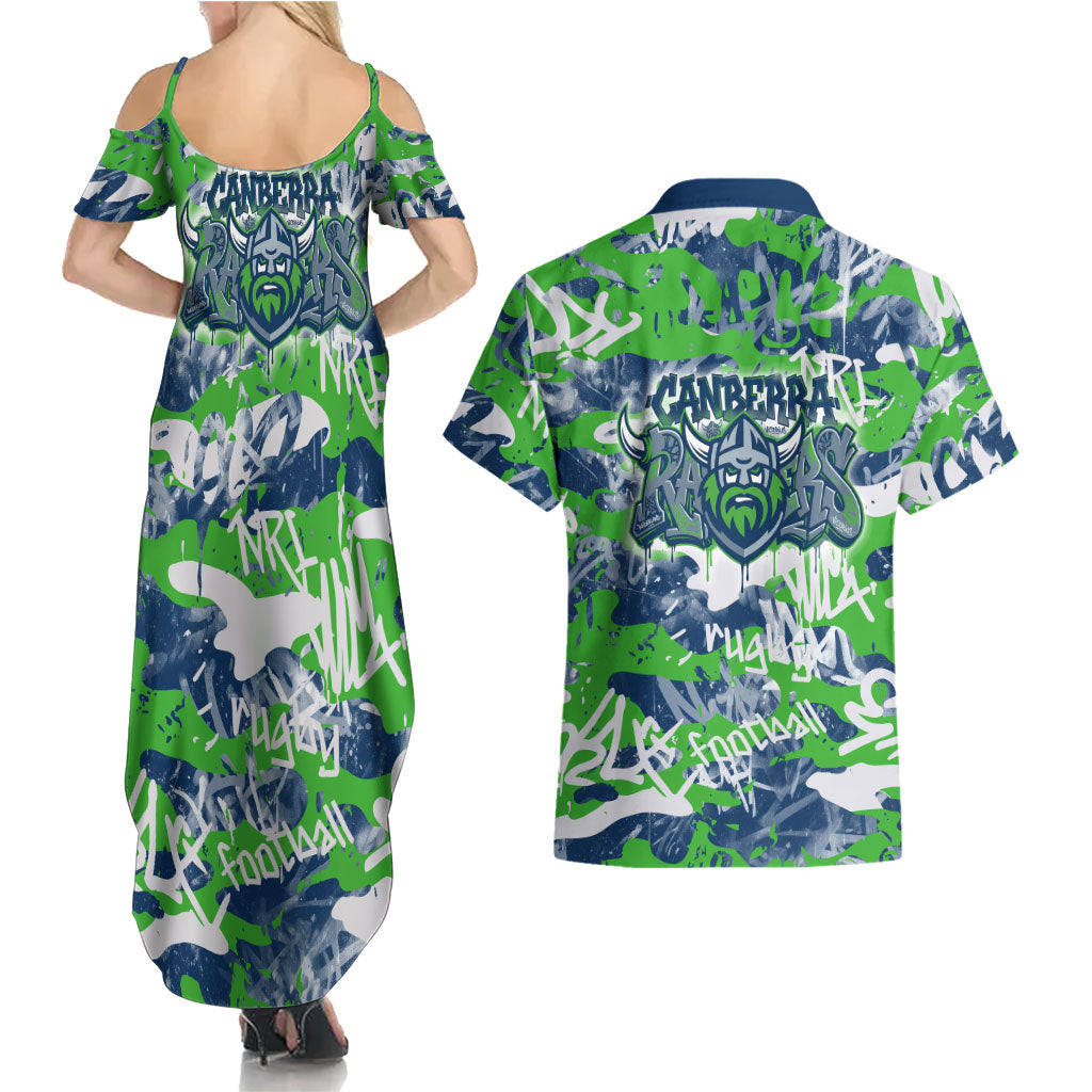 Canberra Raiders Rugby Couples Matching Summer Maxi Dress and Hawaiian Shirt Graffiti Typography Urban Camo Abstract Street Style
