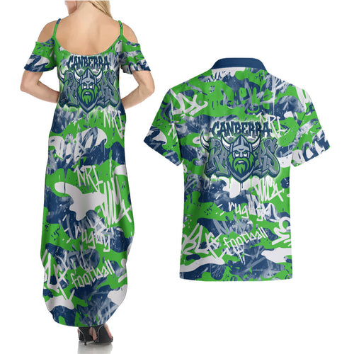Canberra Raiders Rugby Couples Matching Summer Maxi Dress and Hawaiian Shirt Graffiti Typography Urban Camo Abstract Street Style