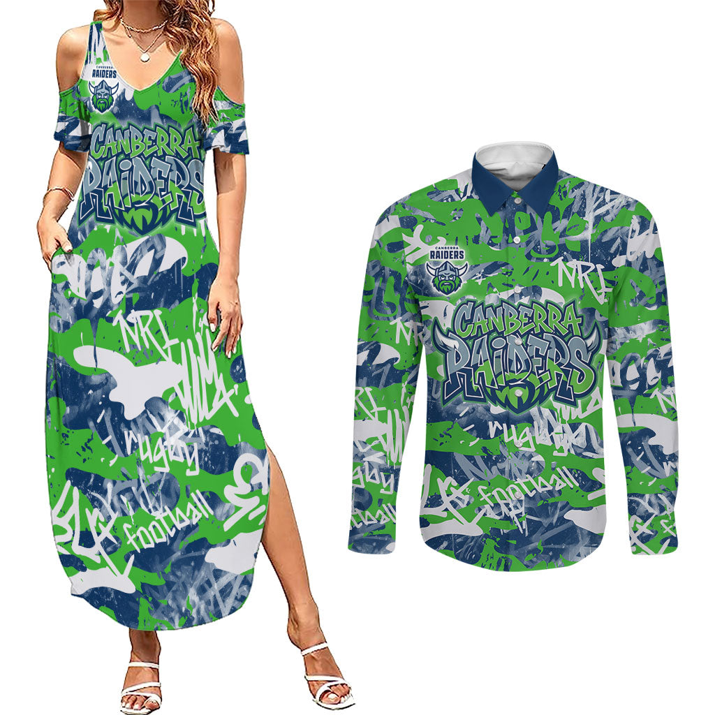 Canberra Raiders Rugby Couples Matching Summer Maxi Dress and Long Sleeve Button Shirt Graffiti Typography Urban Camo Abstract Street Style