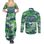 Canberra Raiders Rugby Couples Matching Summer Maxi Dress and Long Sleeve Button Shirt Graffiti Typography Urban Camo Abstract Street Style