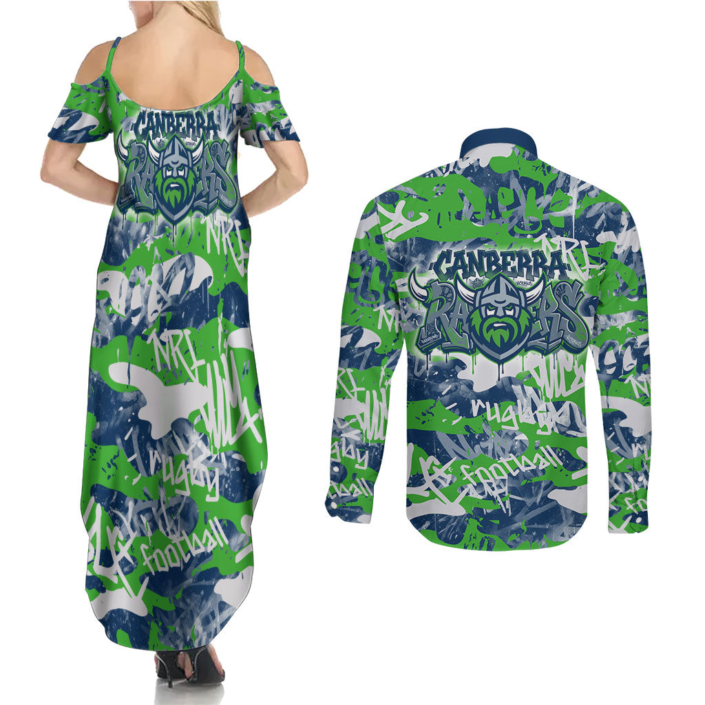 Canberra Raiders Rugby Couples Matching Summer Maxi Dress and Long Sleeve Button Shirt Graffiti Typography Urban Camo Abstract Street Style