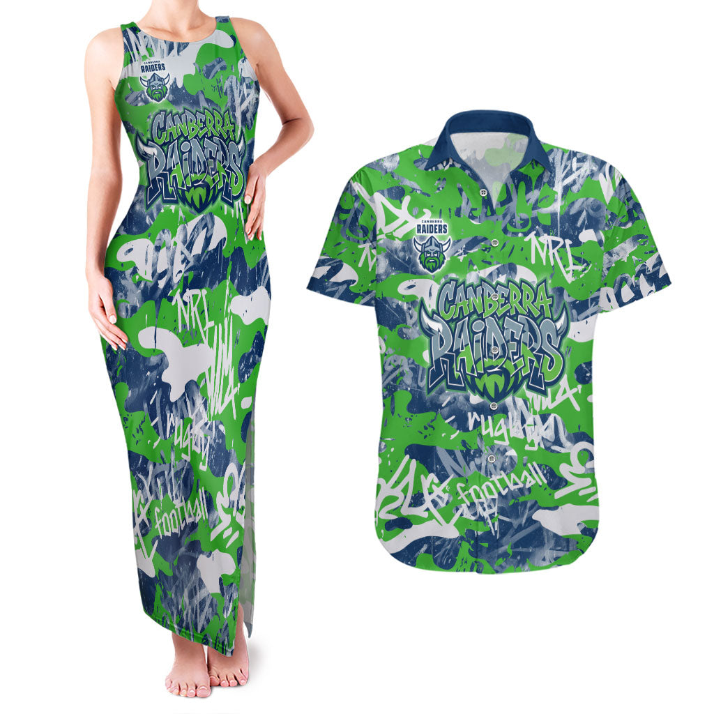 Canberra Raiders Rugby Couples Matching Tank Maxi Dress and Hawaiian Shirt Graffiti Typography Urban Camo Abstract Street Style