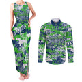 Canberra Raiders Rugby Couples Matching Tank Maxi Dress and Long Sleeve Button Shirt Graffiti Typography Urban Camo Abstract Street Style