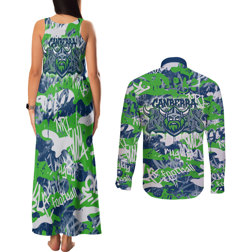 Canberra Raiders Rugby Couples Matching Tank Maxi Dress and Long Sleeve Button Shirt Graffiti Typography Urban Camo Abstract Street Style