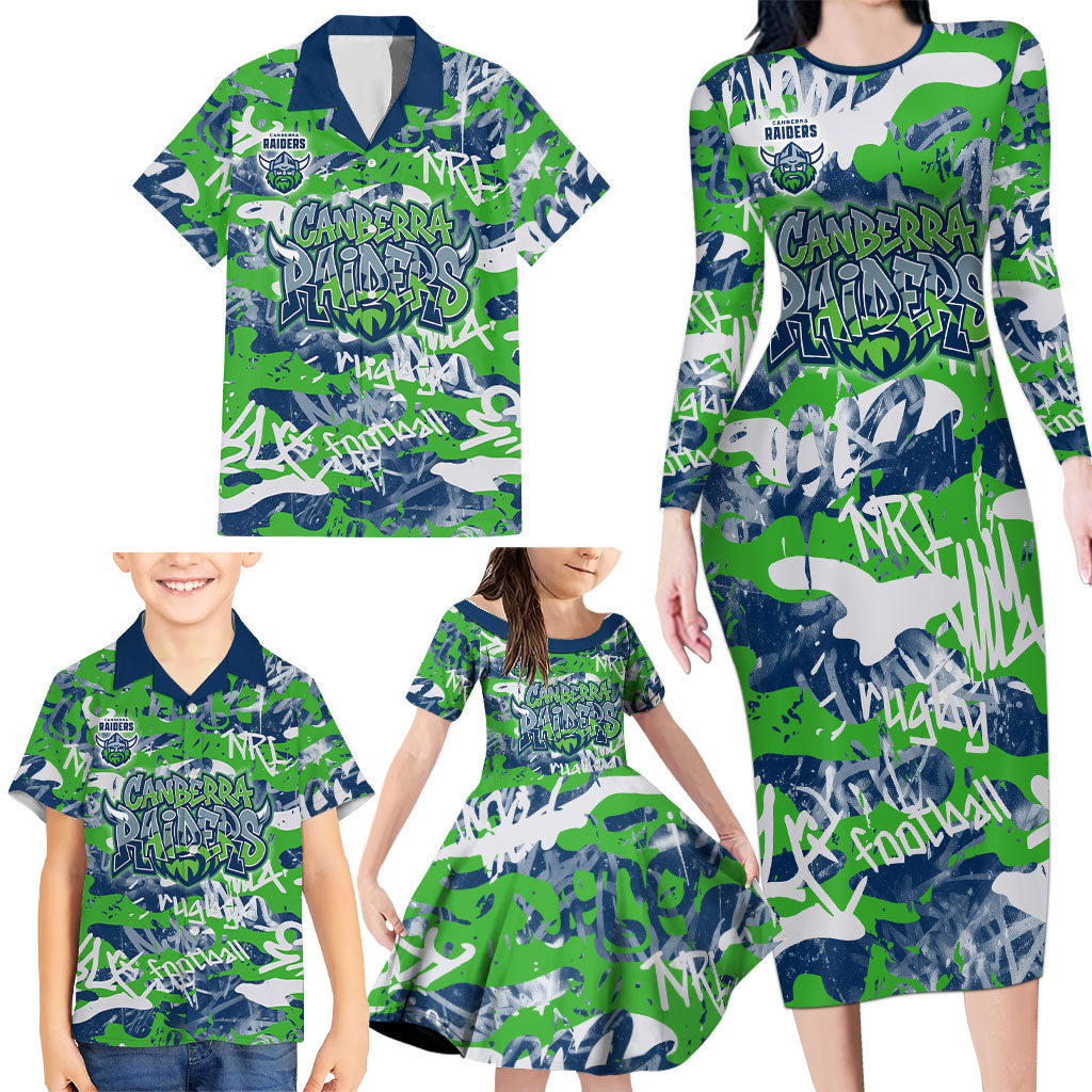 Canberra Raiders Rugby Family Matching Long Sleeve Bodycon Dress and Hawaiian Shirt Graffiti Typography Urban Camo Abstract Street Style