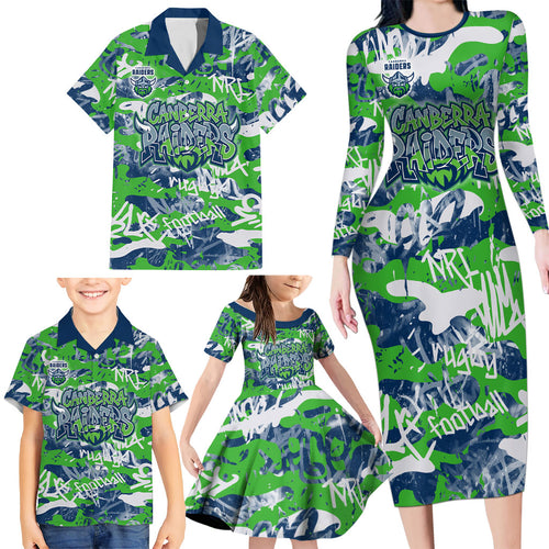 Canberra Raiders Rugby Family Matching Long Sleeve Bodycon Dress and Hawaiian Shirt Graffiti Typography Urban Camo Abstract Street Style
