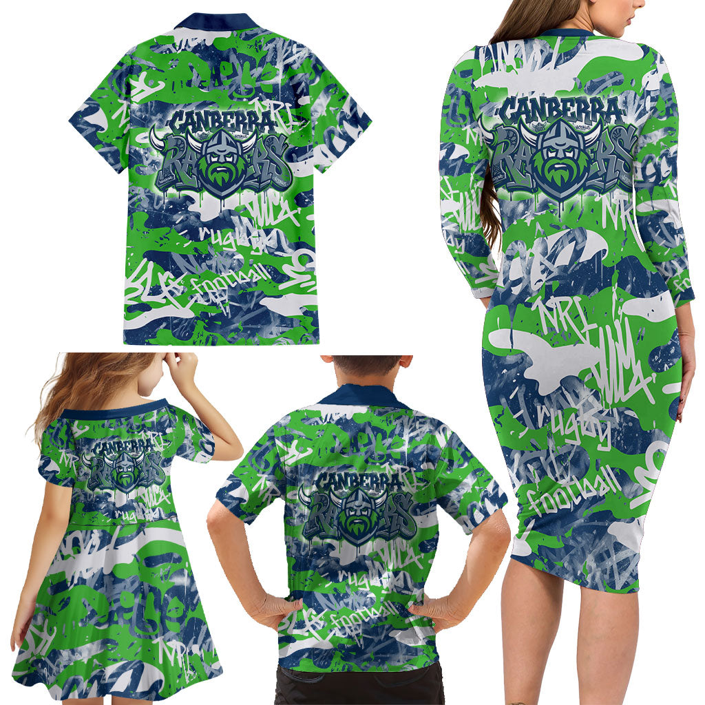 Canberra Raiders Rugby Family Matching Long Sleeve Bodycon Dress and Hawaiian Shirt Graffiti Typography Urban Camo Abstract Street Style