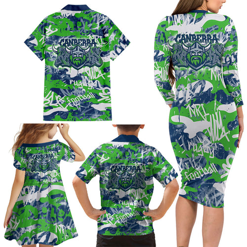 Canberra Raiders Rugby Family Matching Long Sleeve Bodycon Dress and Hawaiian Shirt Graffiti Typography Urban Camo Abstract Street Style