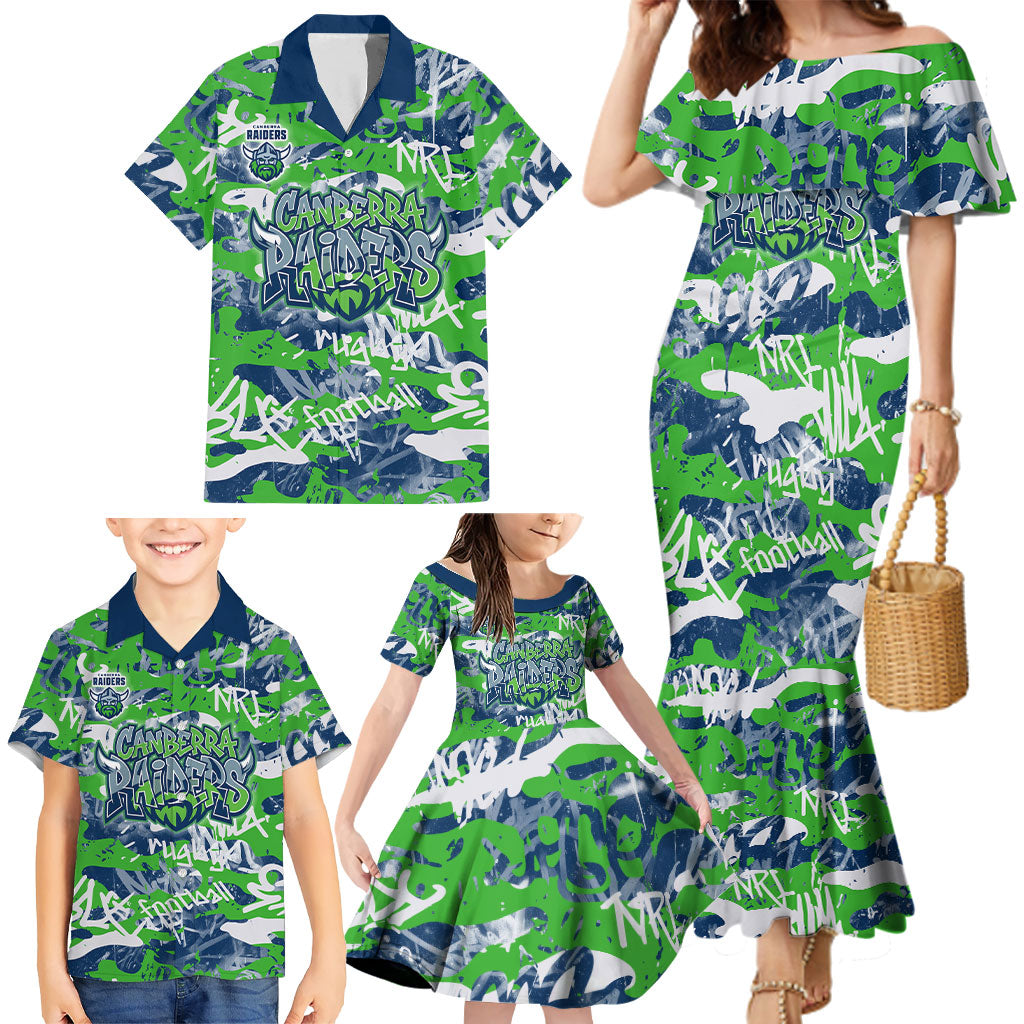 Canberra Raiders Rugby Family Matching Mermaid Dress and Hawaiian Shirt Graffiti Typography Urban Camo Abstract Street Style