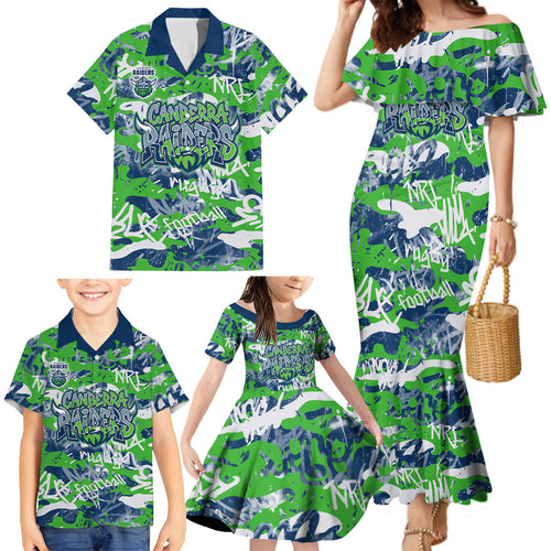 Canberra Raiders Rugby Family Matching Mermaid Dress and Hawaiian Shirt Graffiti Typography Urban Camo Abstract Street Style