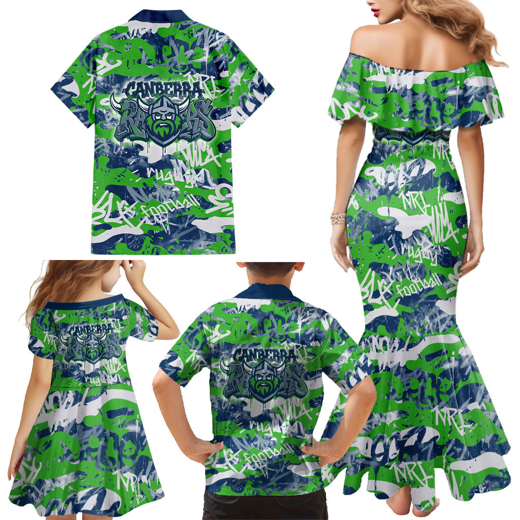 Canberra Raiders Rugby Family Matching Mermaid Dress and Hawaiian Shirt Graffiti Typography Urban Camo Abstract Street Style