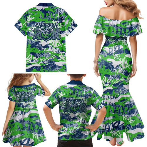 Canberra Raiders Rugby Family Matching Mermaid Dress and Hawaiian Shirt Graffiti Typography Urban Camo Abstract Street Style