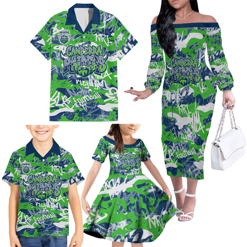 Canberra Raiders Rugby Family Matching Off The Shoulder Long Sleeve Dress and Hawaiian Shirt Graffiti Typography Urban Camo Abstract Street Style