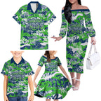 Canberra Raiders Rugby Family Matching Off The Shoulder Long Sleeve Dress and Hawaiian Shirt Graffiti Typography Urban Camo Abstract Street Style
