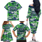 Canberra Raiders Rugby Family Matching Off The Shoulder Long Sleeve Dress and Hawaiian Shirt Graffiti Typography Urban Camo Abstract Street Style