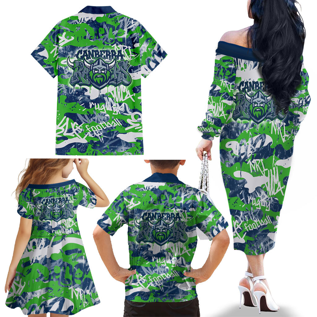 Canberra Raiders Rugby Family Matching Off The Shoulder Long Sleeve Dress and Hawaiian Shirt Graffiti Typography Urban Camo Abstract Street Style