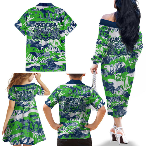 Canberra Raiders Rugby Family Matching Off The Shoulder Long Sleeve Dress and Hawaiian Shirt Graffiti Typography Urban Camo Abstract Street Style