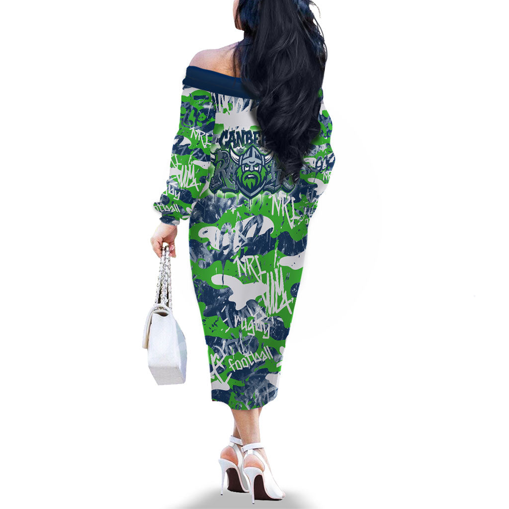 Canberra Raiders Rugby Family Matching Off The Shoulder Long Sleeve Dress and Hawaiian Shirt Graffiti Typography Urban Camo Abstract Street Style