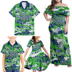 Canberra Raiders Rugby Family Matching Off Shoulder Maxi Dress and Hawaiian Shirt Graffiti Typography Urban Camo Abstract Street Style
