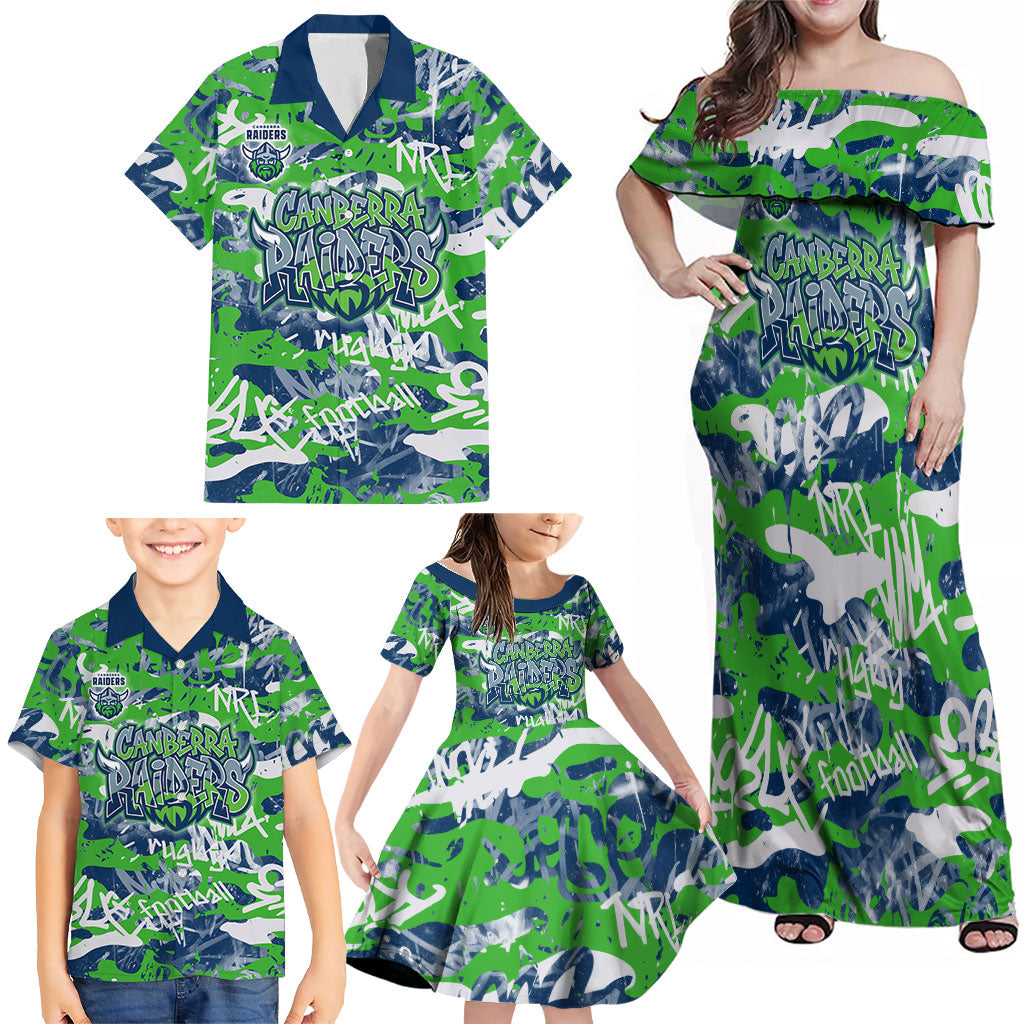 Canberra Raiders Rugby Family Matching Off Shoulder Maxi Dress and Hawaiian Shirt Graffiti Typography Urban Camo Abstract Street Style