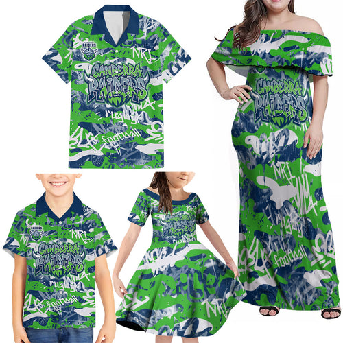 Canberra Raiders Rugby Family Matching Off Shoulder Maxi Dress and Hawaiian Shirt Graffiti Typography Urban Camo Abstract Street Style
