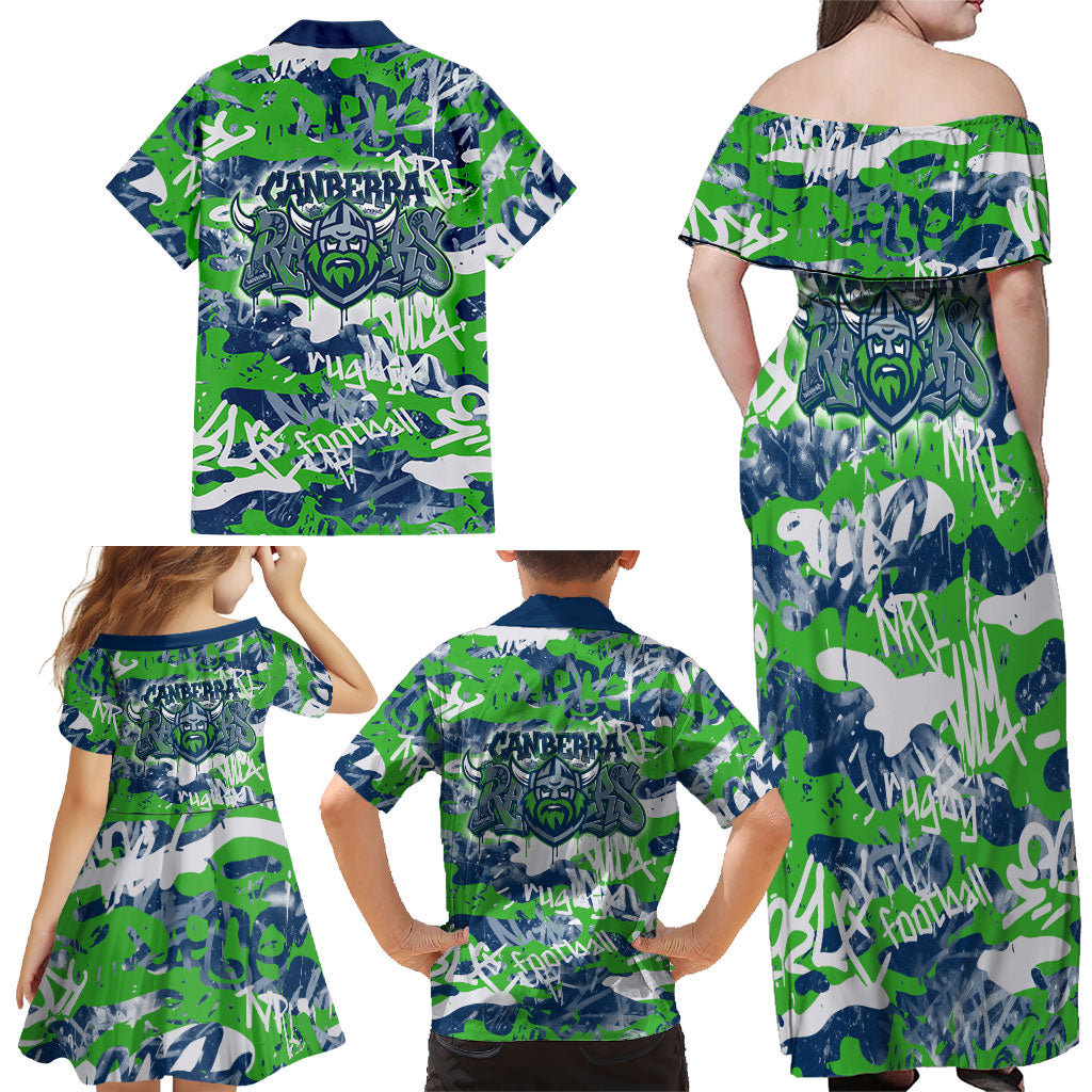Canberra Raiders Rugby Family Matching Off Shoulder Maxi Dress and Hawaiian Shirt Graffiti Typography Urban Camo Abstract Street Style