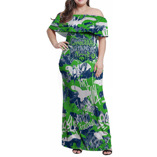 Canberra Raiders Rugby Family Matching Off Shoulder Maxi Dress and Hawaiian Shirt Graffiti Typography Urban Camo Abstract Street Style