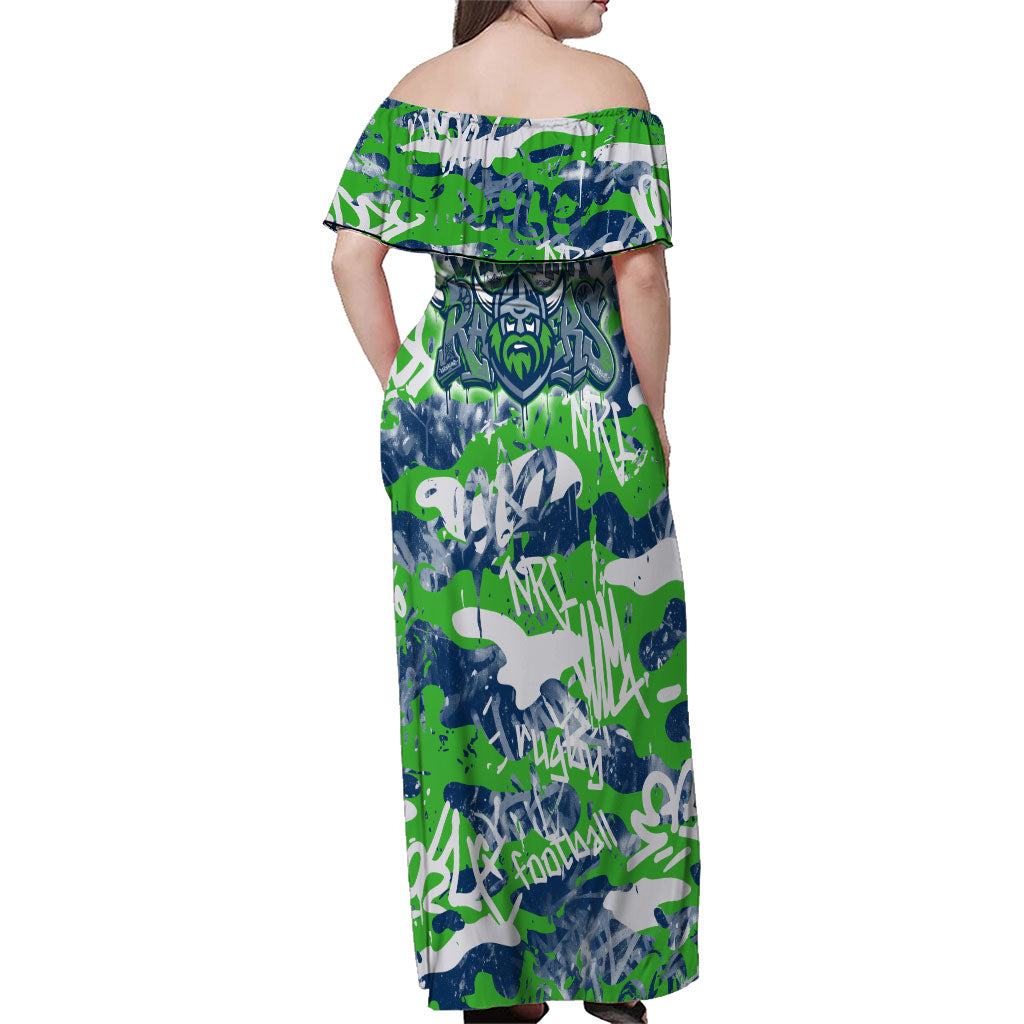 Canberra Raiders Rugby Family Matching Off Shoulder Maxi Dress and Hawaiian Shirt Graffiti Typography Urban Camo Abstract Street Style